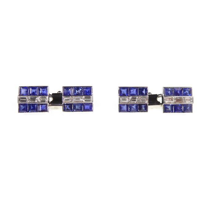 Pair of sapphire and diamond rectangular panel cufflinks | MasterArt